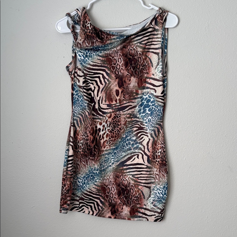 Y2k Animal-Print Bodycon Top in Brown & Teal